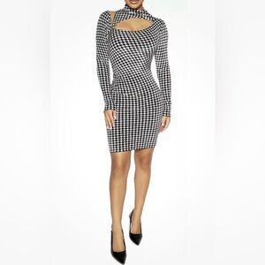 Naked Wardrobe, NWOT, S, Velvet Houndstooth Crisscross Dress, Black & White